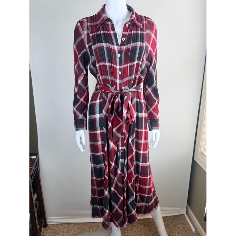Soft Surroundings Plaid Shirt Dress Tie Waist Midi Red Black Size 10P Petite